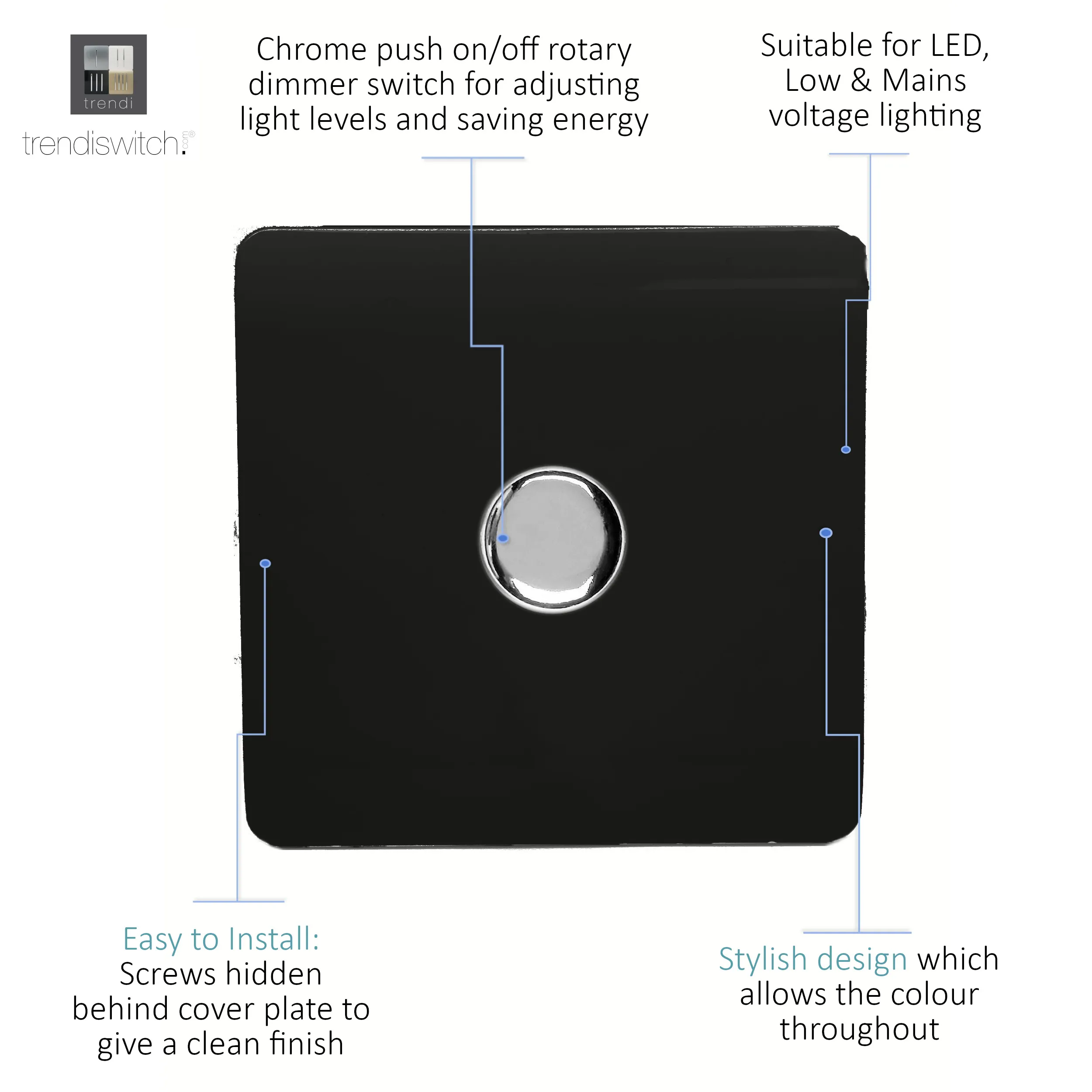 1 Gang 1 Way LED Dimmer Switch Gloss Black ART-LDMBK  Trendi Piano Black